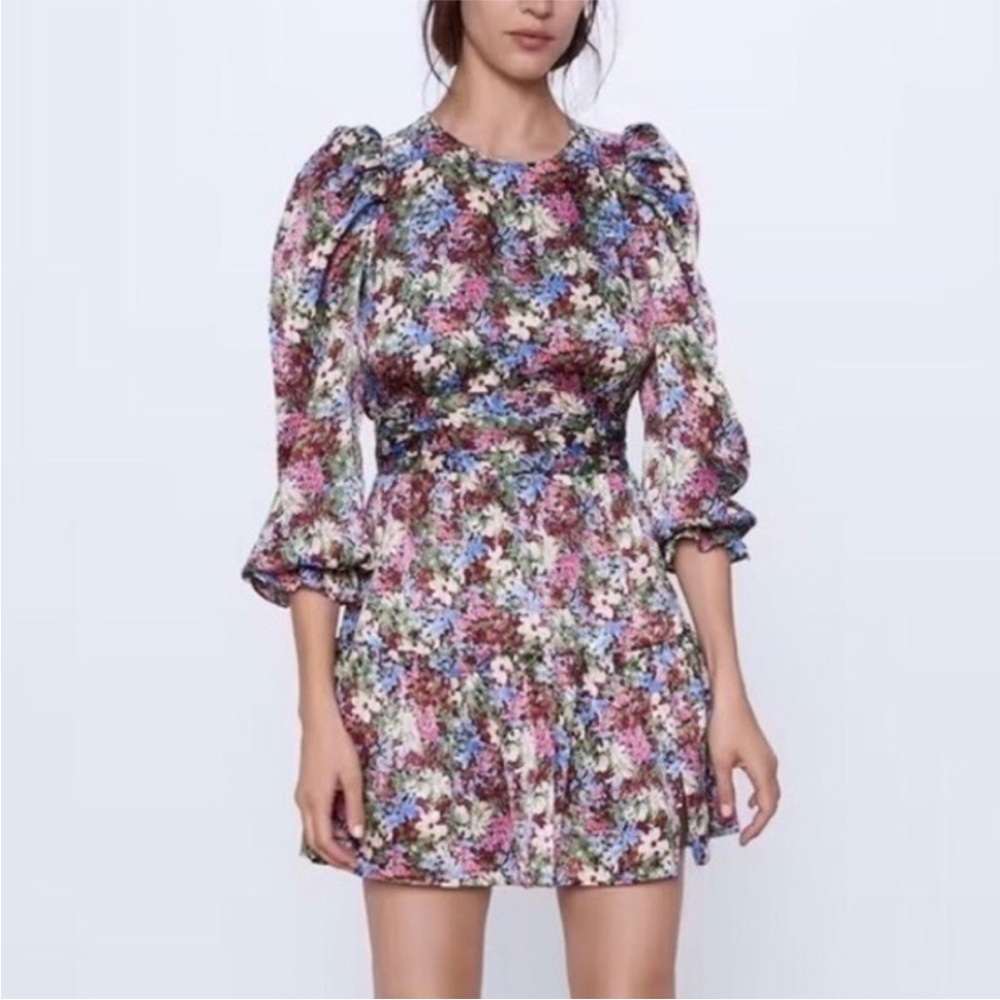 Zara mini dress ruffles 3/4 sleeve floral silky satin blogger favorite Sz S